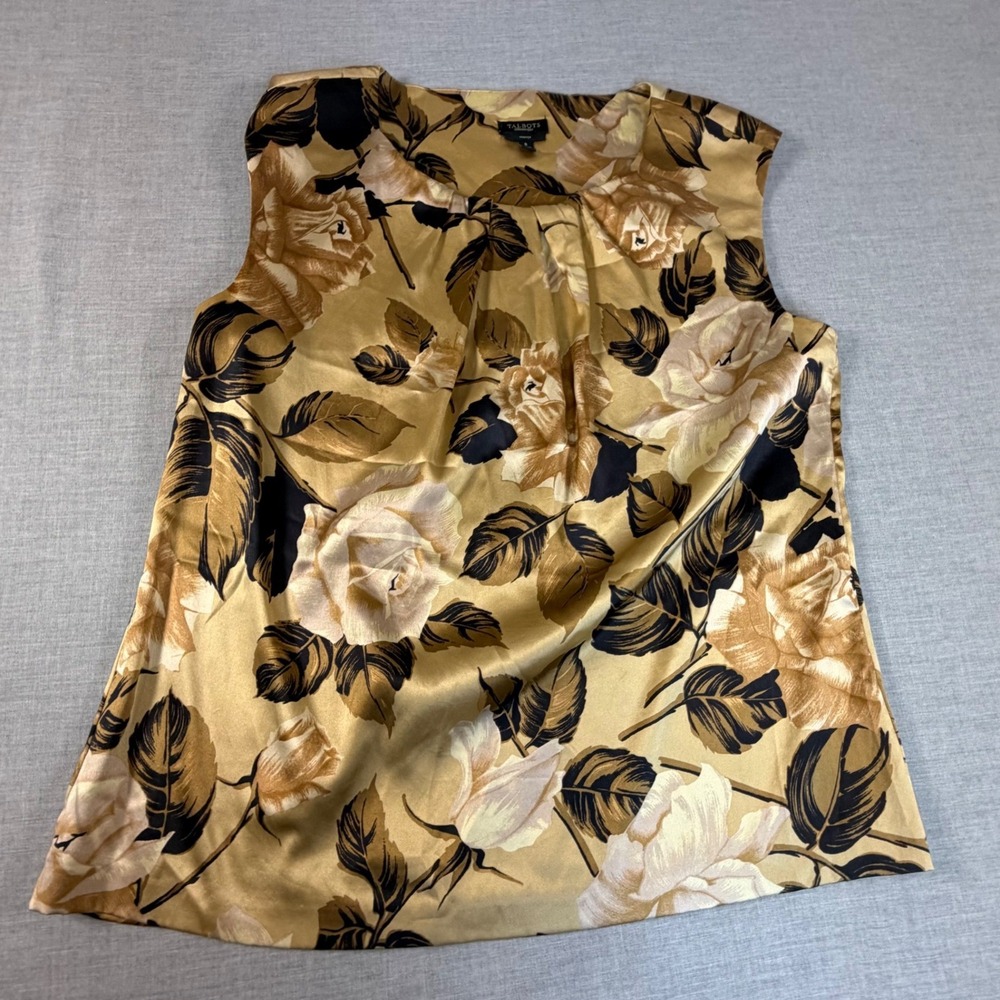 Talbots Womens Gold Floral Silk Blend Sleeveless Neck Blouse Size 8